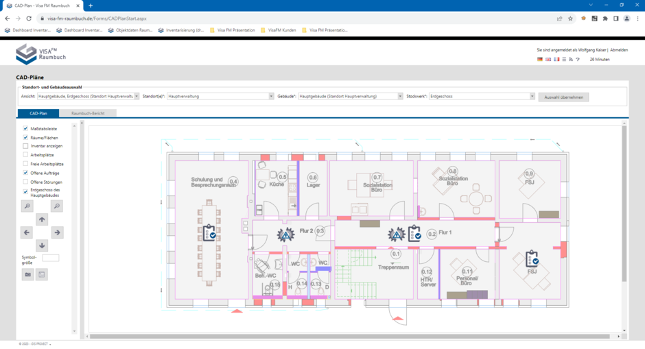 Darstellung von Aufträgen und Störungen im CAD-Plan